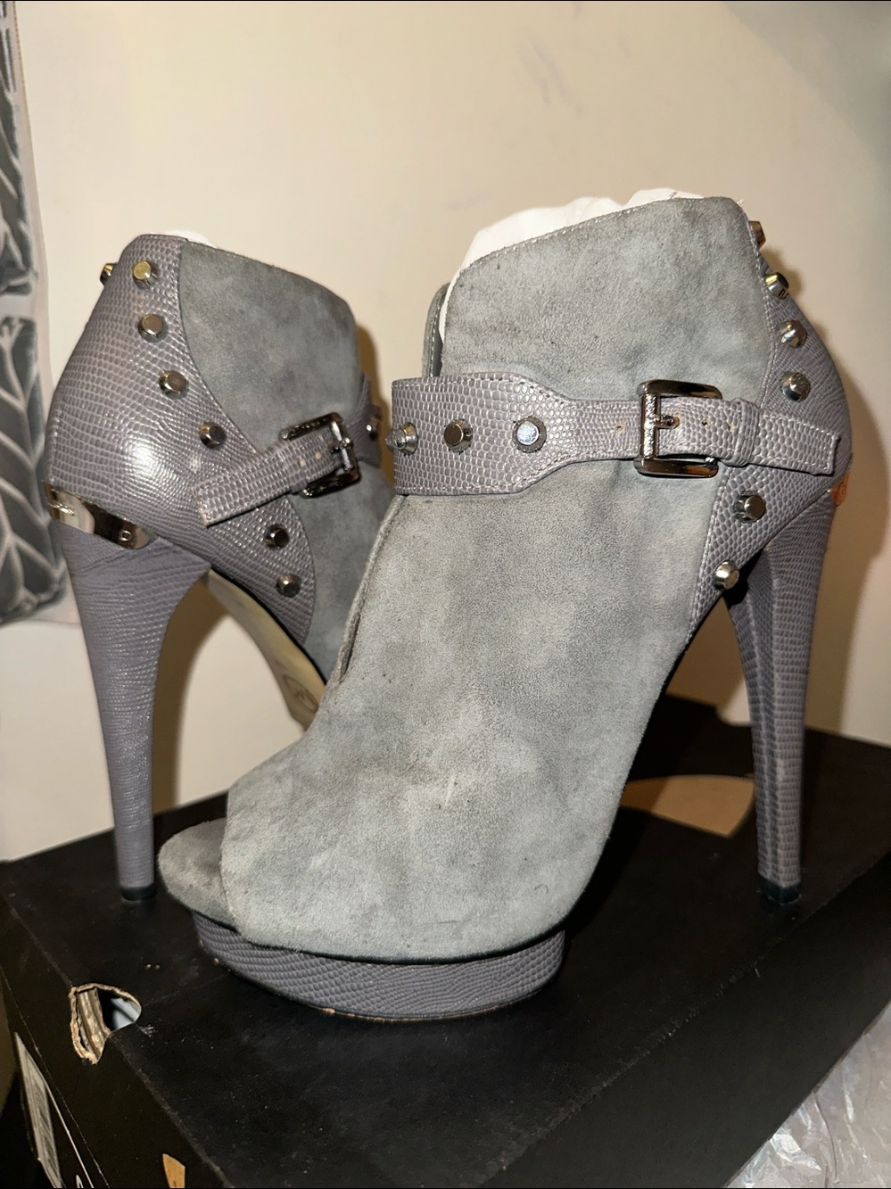 Michael Kors Gray Suede Studded Peep-Toe Ankle Booties 7